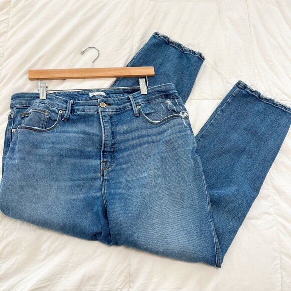 Good American Good Curve Straight Jeans Blue High Rise Raw Hem Size 18 EUC - Picture 2 of 7